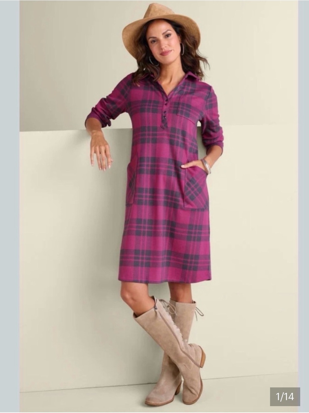 Soft Surroundings Plaid Henley Dress in Magenta and Charcoal
